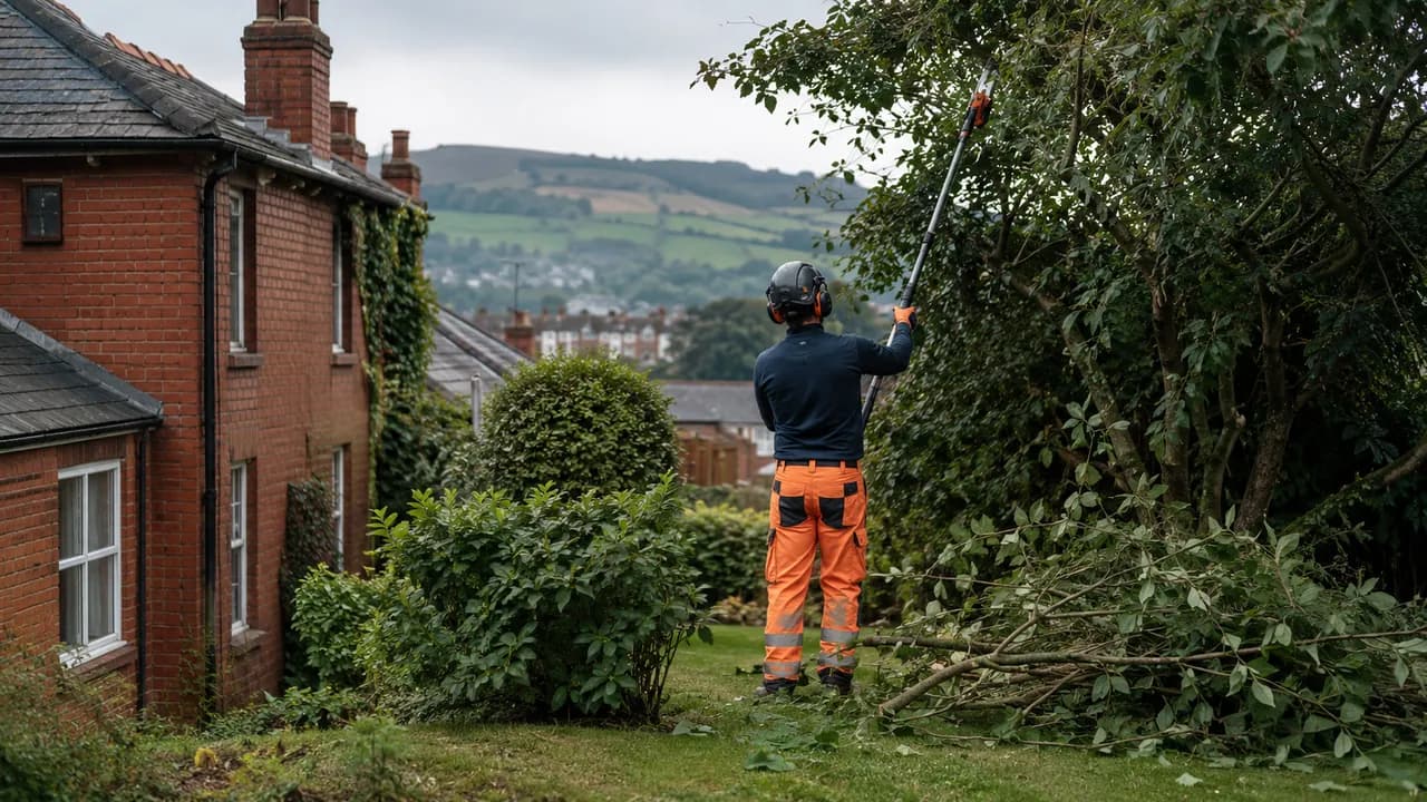 Tree reduction in progress on a Welsh brick terrace with a slate roof on a Wrexham street, North Wales, hills in the distance