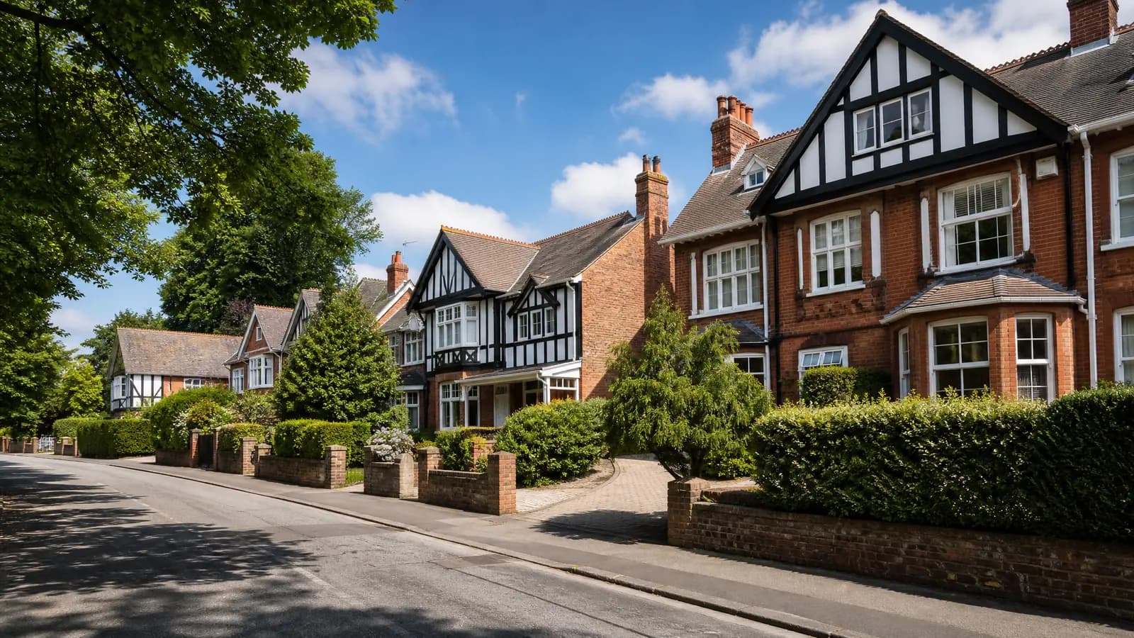 A leafy Chester residential street on a sunny day, lined with well-kept black-and-white half-timbered and red brick period houses behind trimmed hedges and low brick garden walls