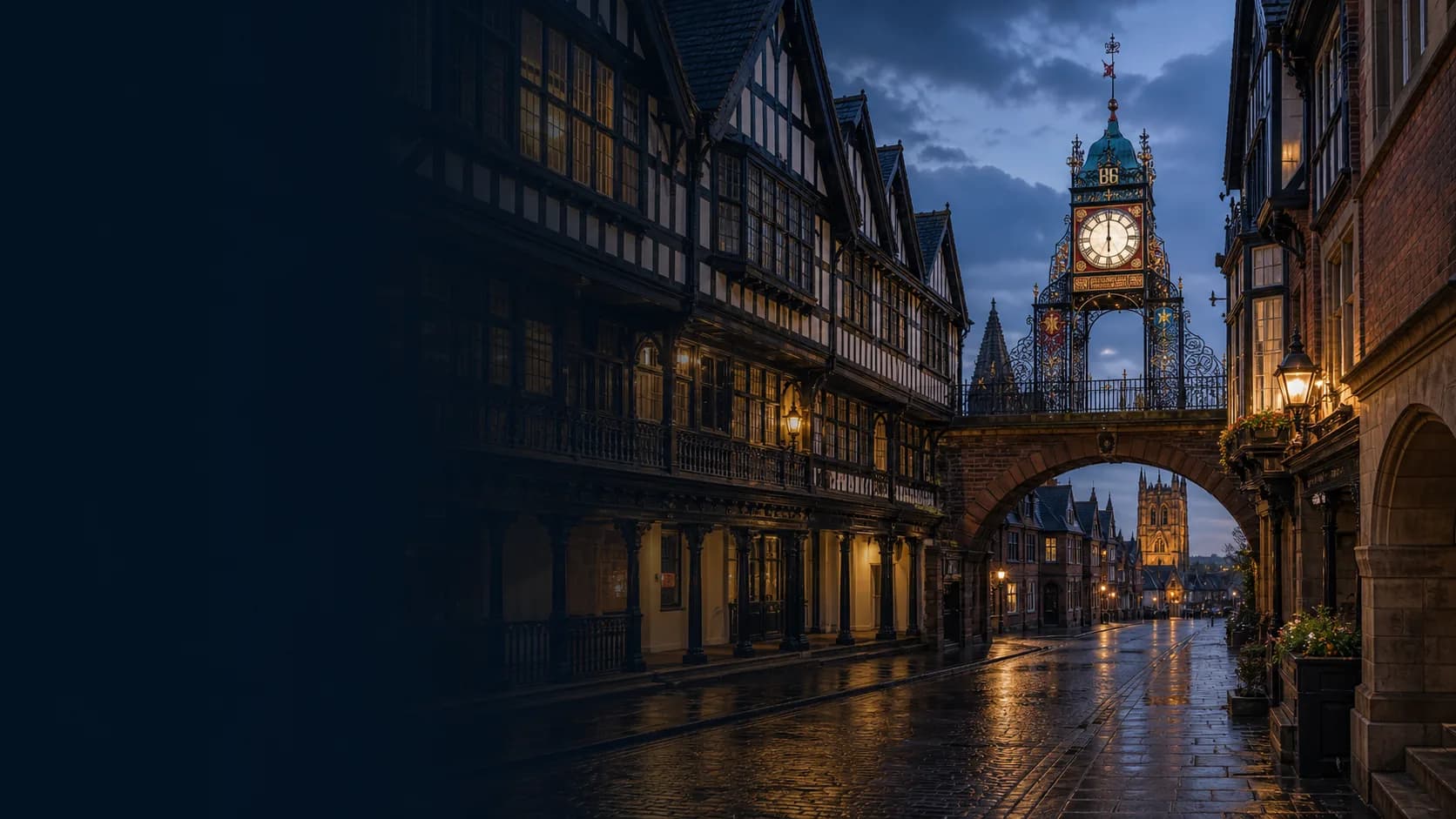 Chester Eastgate Clock and Chester Rows at dusk