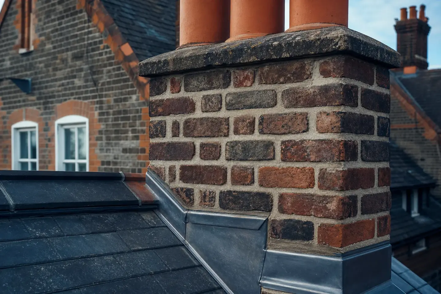Weathered brick chimney stack with eroded mortar joints being repointed on a Chester terraced house roof