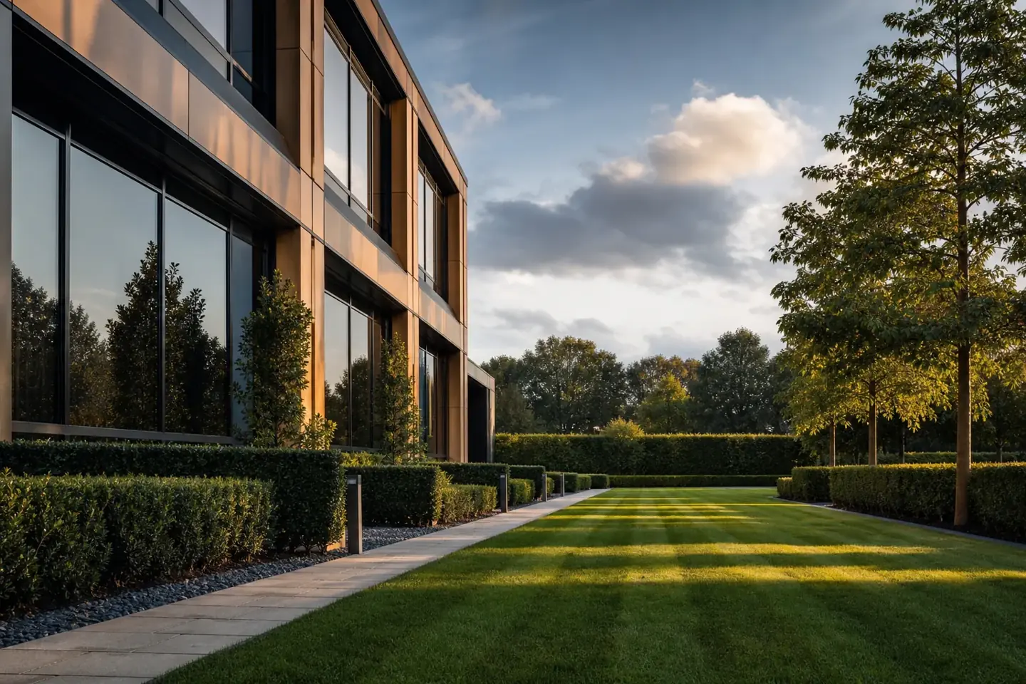 Tidy commercial grounds outside a Chester office and car park with freshly mown grass, trimmed hedges and clean edges