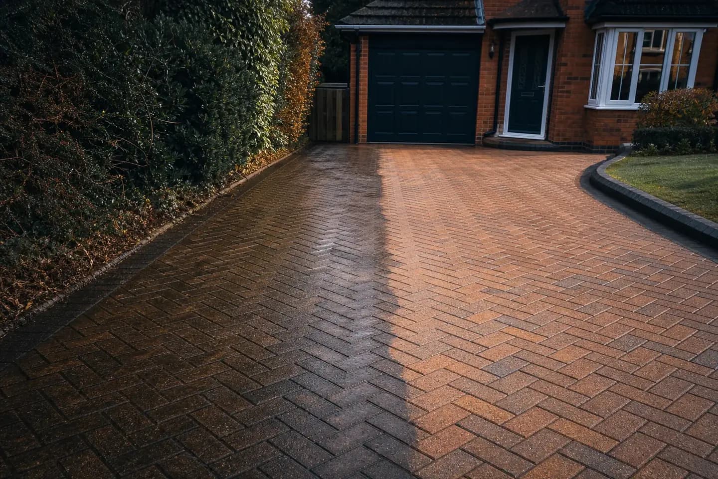 Half-cleaned block paving driveway at a Chester home showing the difference between green algae and restored paving