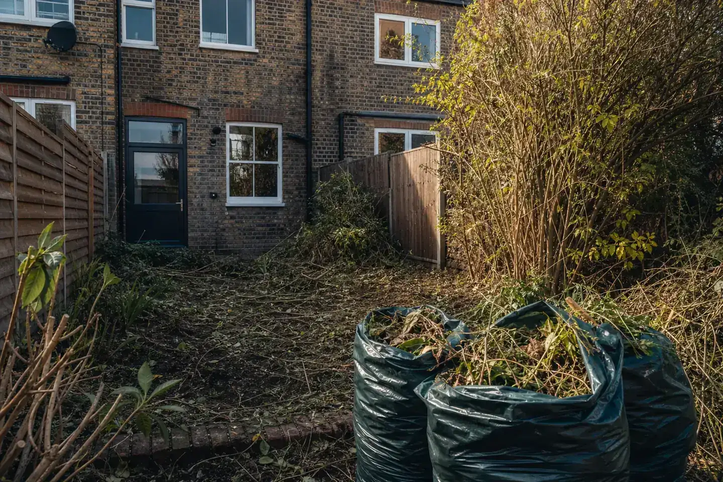 Overgrown rear garden of a Chester rental property being cleared of waste and brought back to a tidy, lettable state