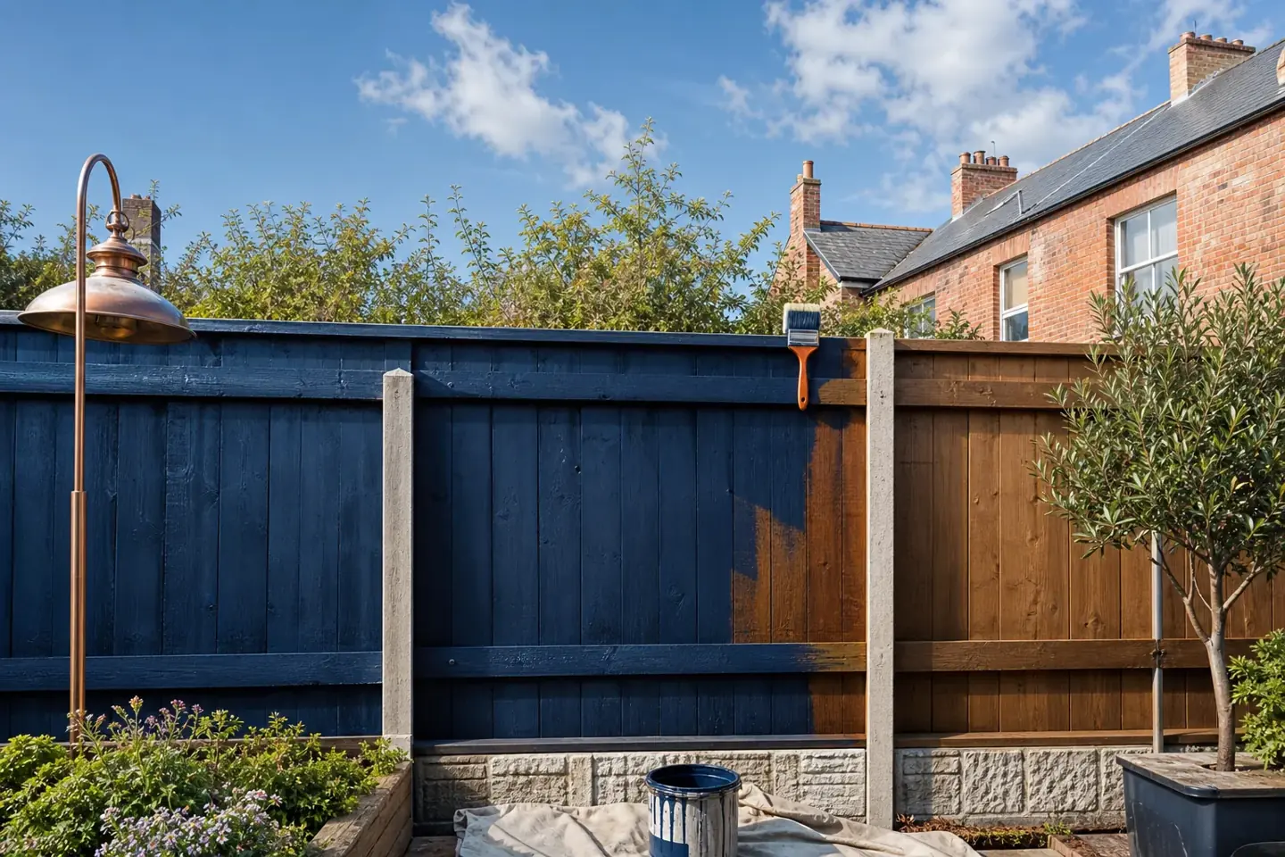 Freshly treated dark grey timber fence in a Chester back garden, half painted to show the difference against weathered grey panels