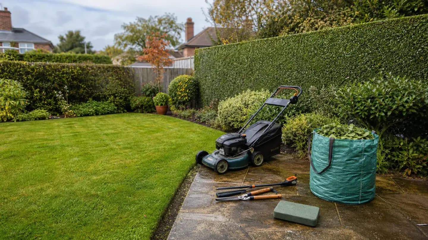 Garden maintenance tools beside a tidy lawn and hedge