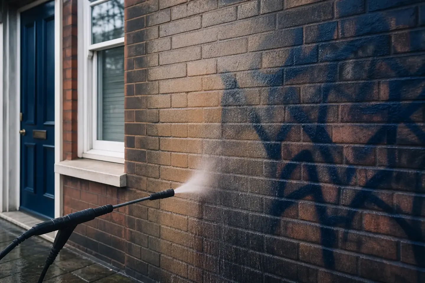 Spray-paint graffiti being cleaned off a brick boundary wall on a Chester street, half removed to show the clean surface behind