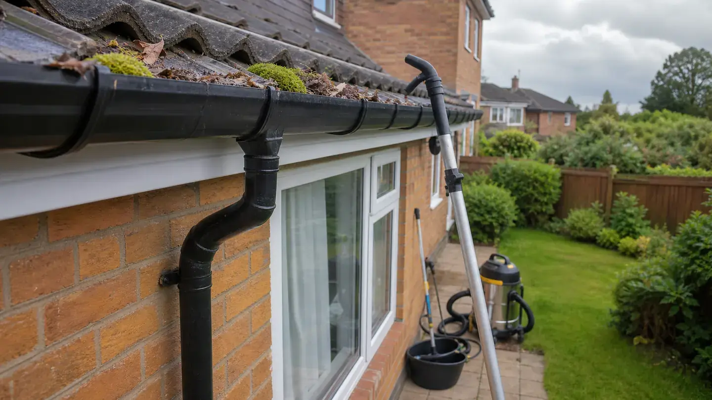Blocked gutter with leaves and safe ground-level cleaning equipment at a UK home