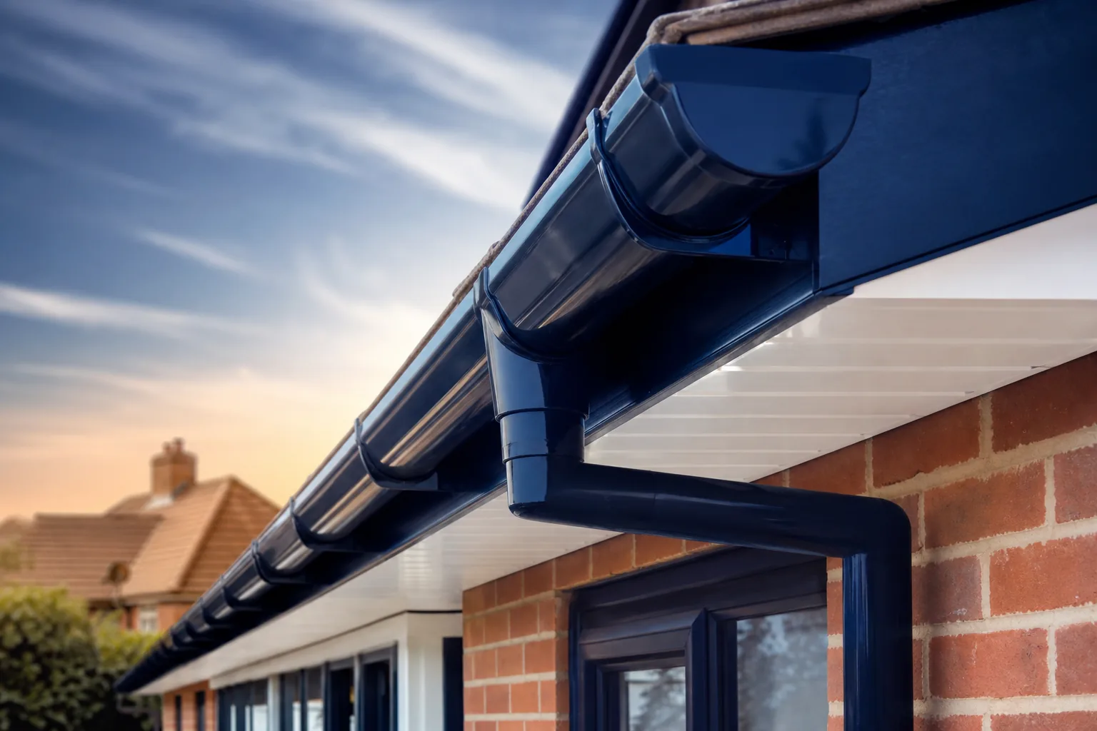 New black uPVC guttering and fascia being fitted along the roofline of a Chester semi-detached house