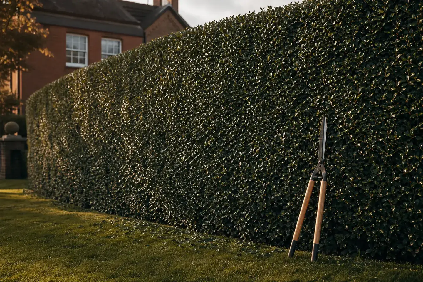 A long privet garden hedge half-trimmed at a Chester home, showing the neat shaped finish beside the overgrown side