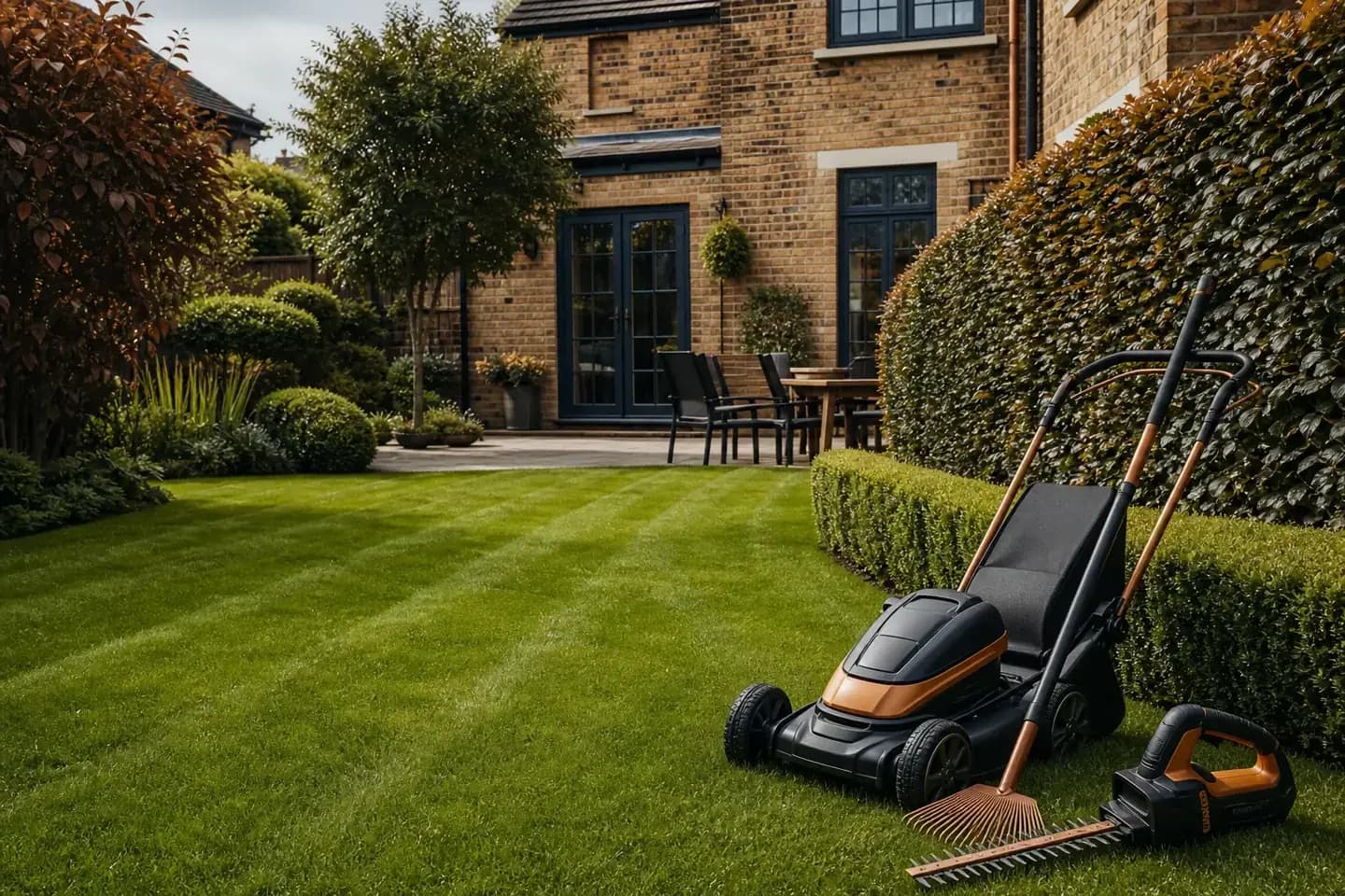 A gardener mowing and edging a tidy Chester back garden lawn on a regular maintenance visit