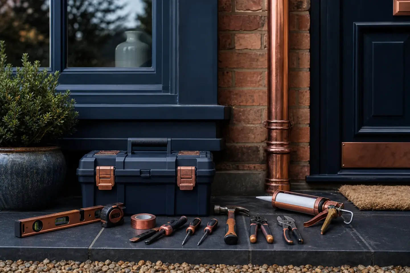 Handyman tool belt and cordless drill on a workbench at a Chester home with a list of small repair jobs