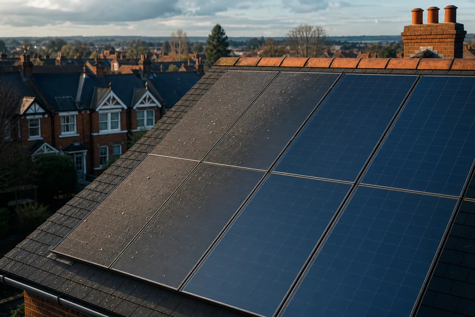 Roof-mounted solar panels at a Chester home being cleaned with a ground-based pure-water reach pole