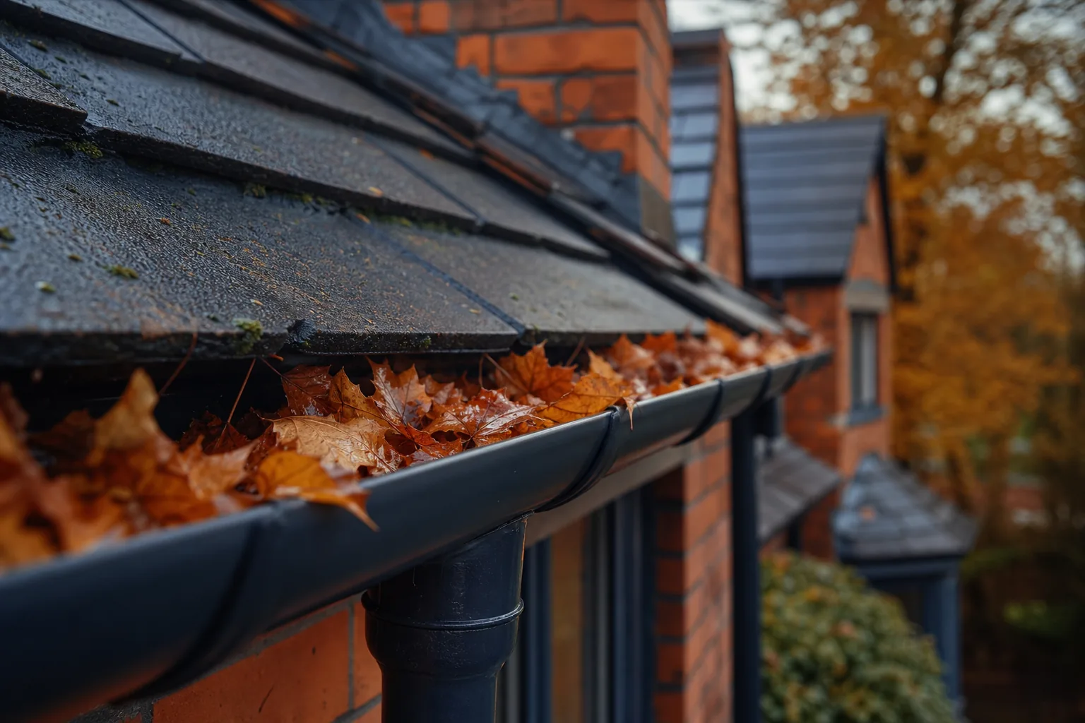 Leaf-filled gutter on a Chester semi in autumn next to a clear, free-draining gutter showing how often gutters need cleaning