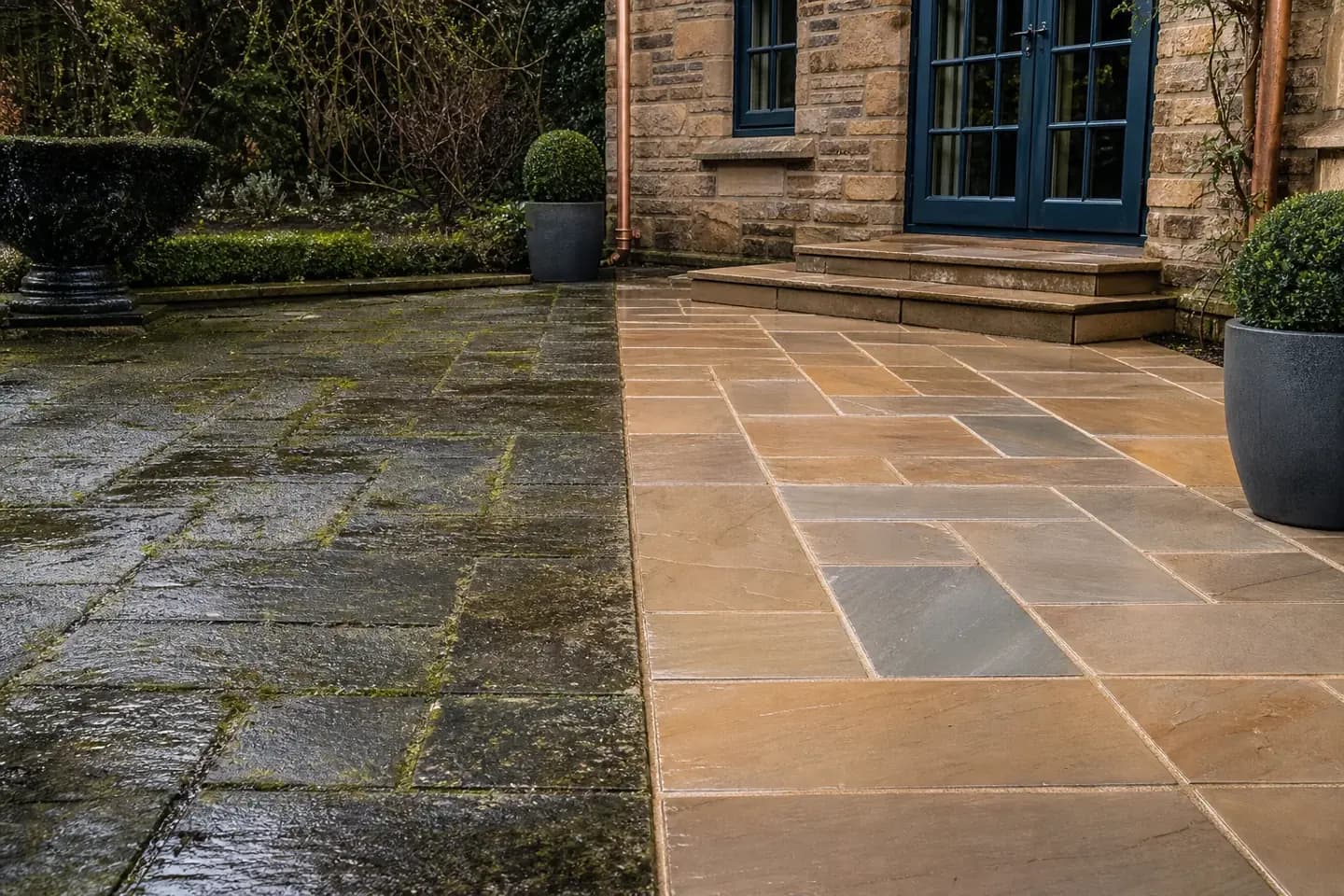 Half-cleaned Indian sandstone patio at a Chester home showing green algae on one side and restored stone on the other