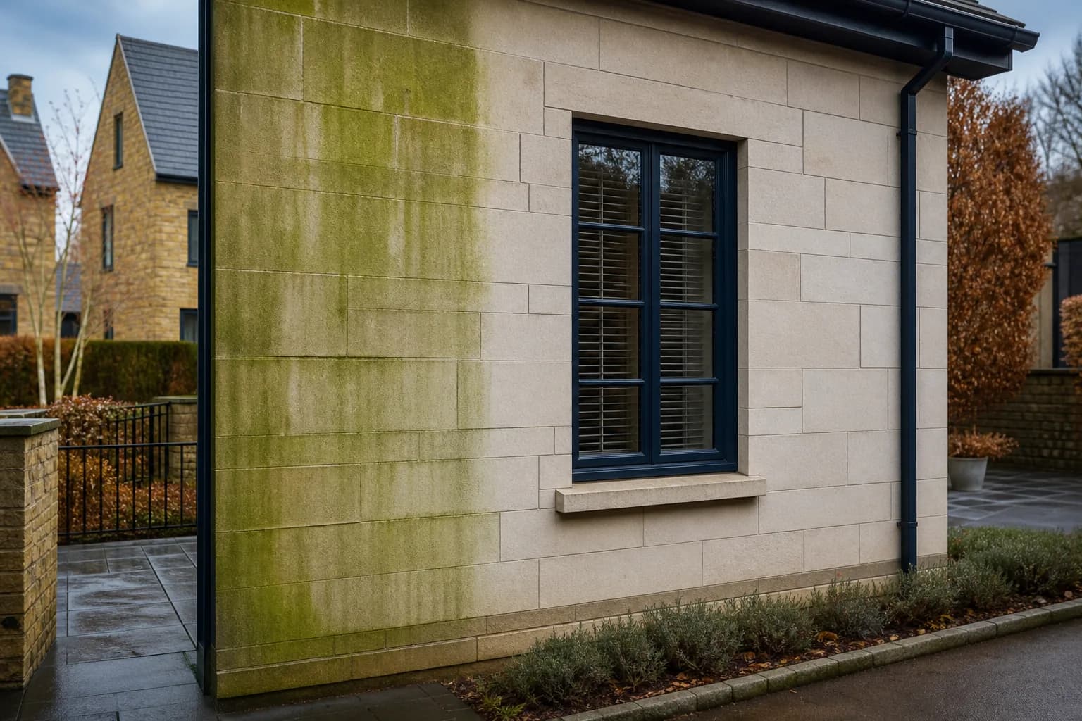Half-cleaned rendered house wall in Chester showing green algae on one side and clean white render on the other after soft washing