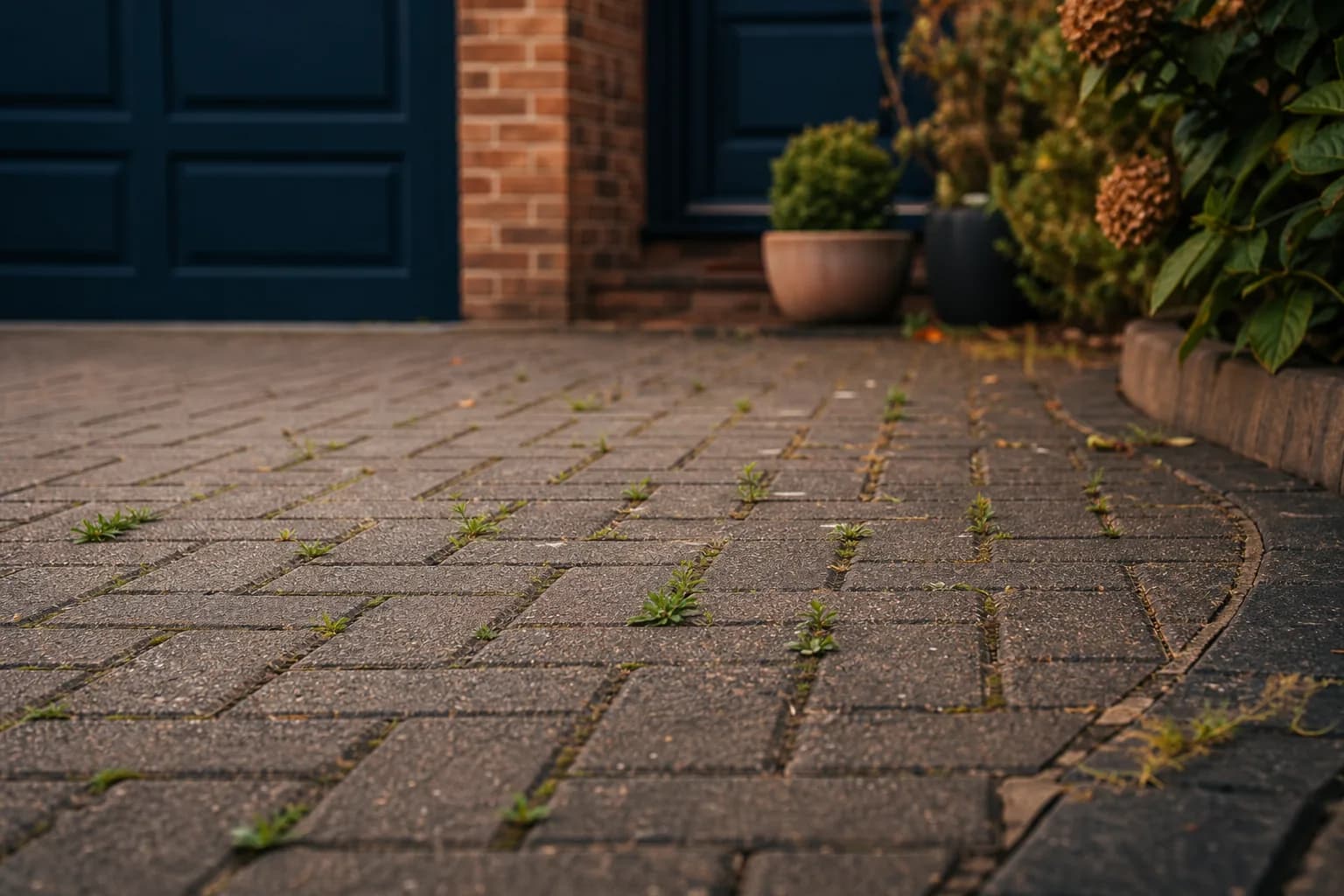 Block-paving driveway at a Chester home with weeds and moss growing through the joints on one half and clean weed-free paving on the other