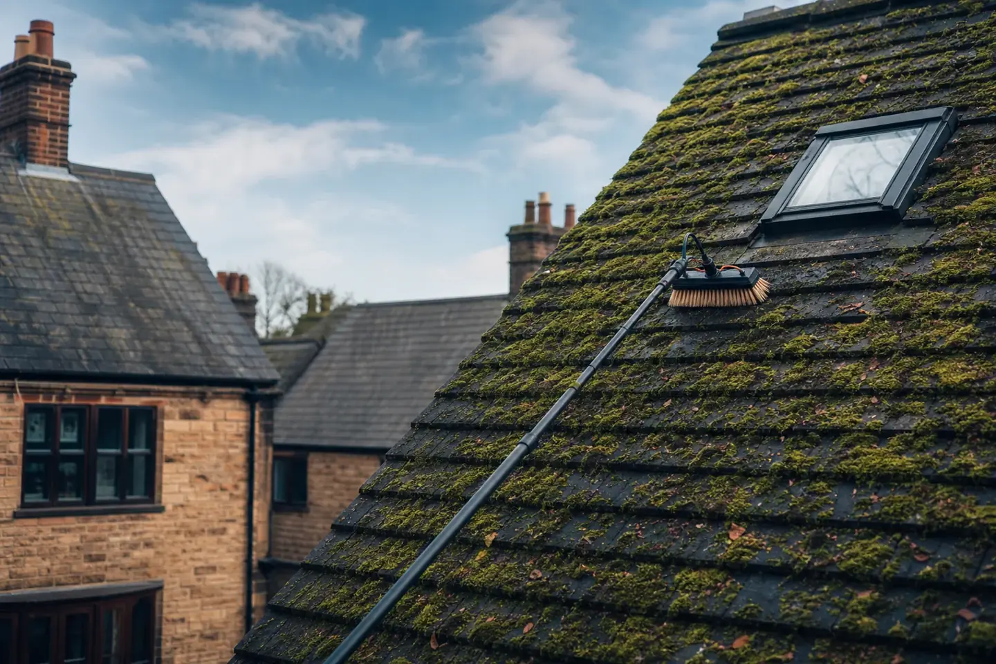 Moss-covered roof tiles on a Chester semi being softly cleared, beside clean tiles on the same roof