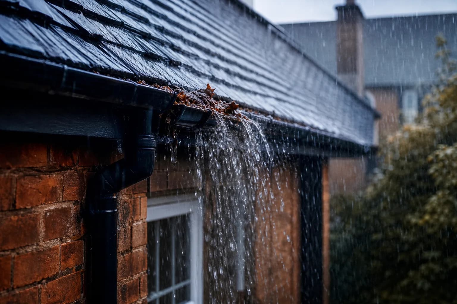 Rainwater overflowing over the front edge of a blocked gutter on a Chester brick house during heavy rain