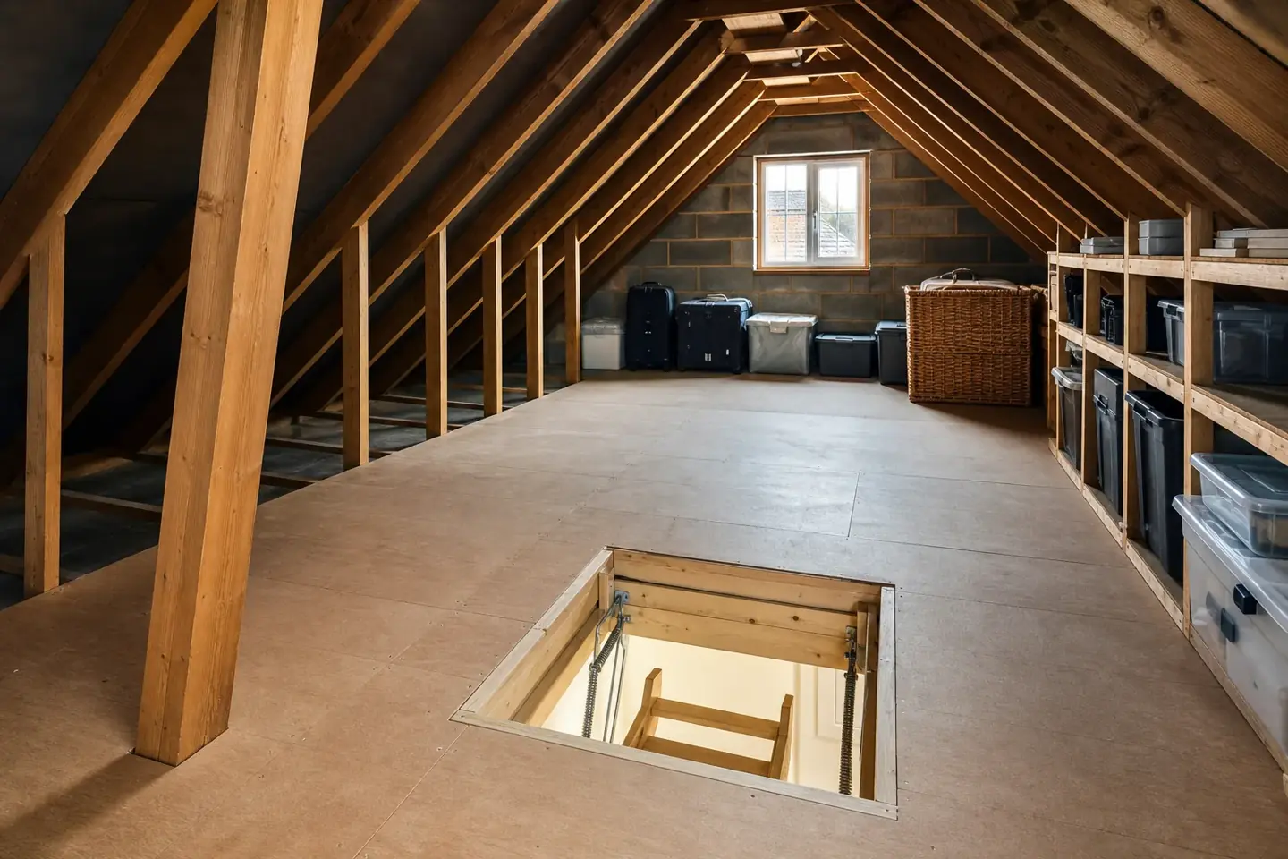 Loft of a Chester home part-boarded with timber flooring raised on stilts above thick insulation, with a fitted loft ladder