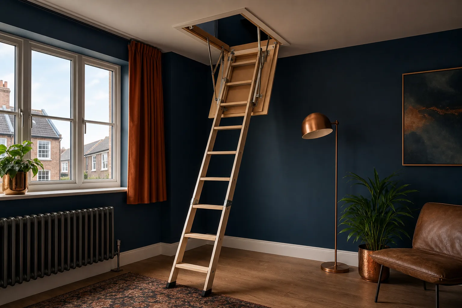 Newly fitted aluminium loft ladder folded down through a landing loft hatch in a Chester home
