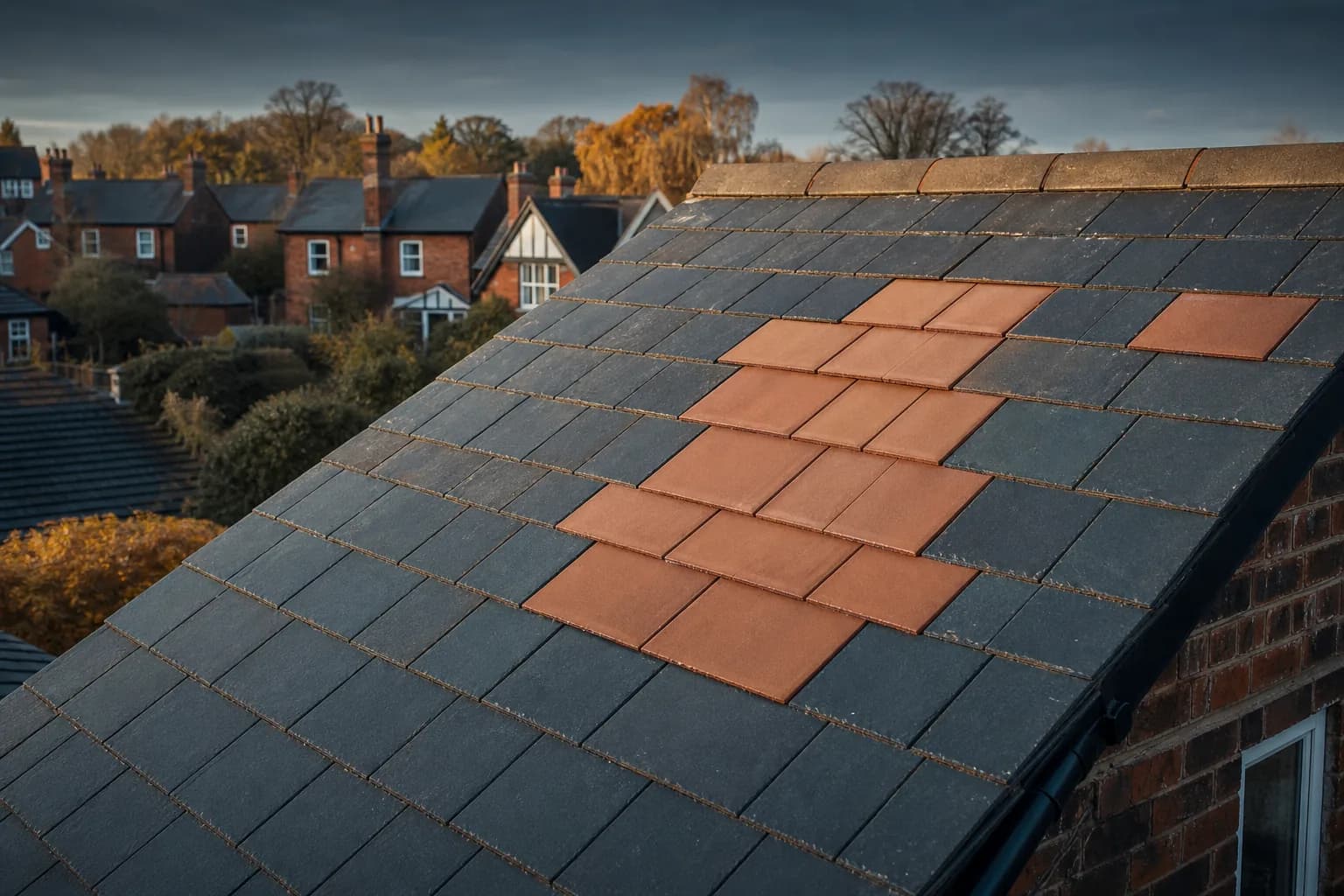 A Chester semi-detached house with scaffolding and a partly stripped roof during a full re-roof, exposing the timber rafters and underfelt
