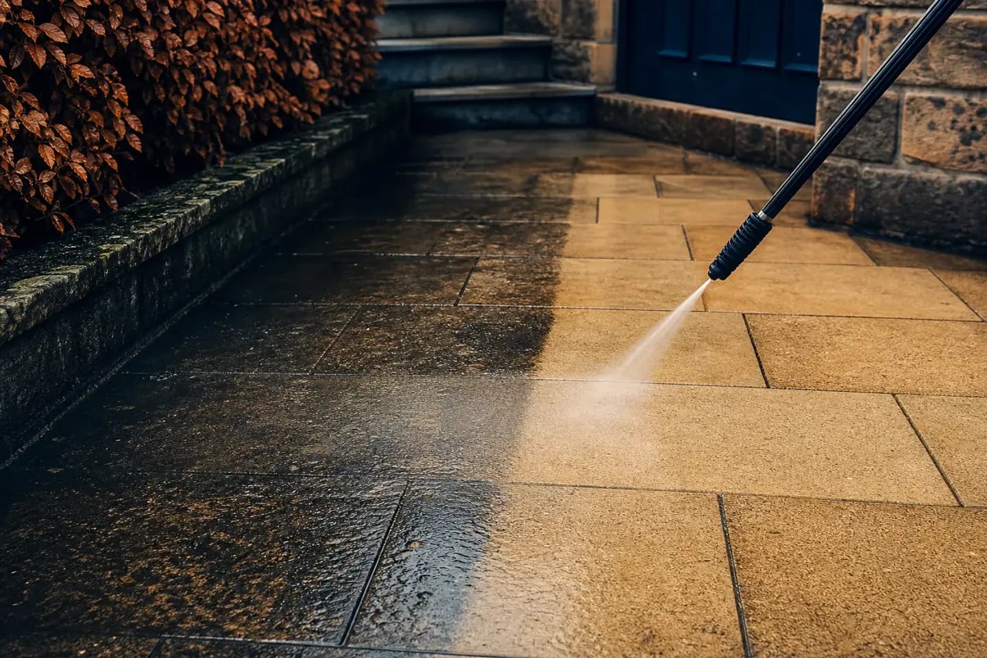Pressure washing lance cleaning a green-stained patio at a Chester home, showing restored stone next to algae-covered slabs