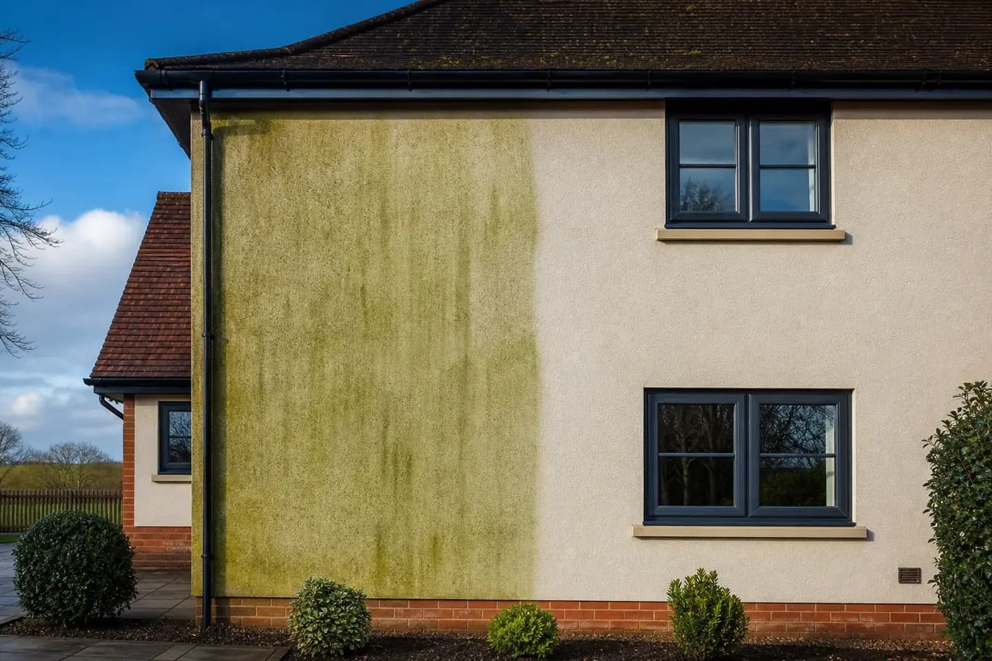 Rendered house wall in Chester half cleaned by soft washing, showing green algae staining beside restored white render