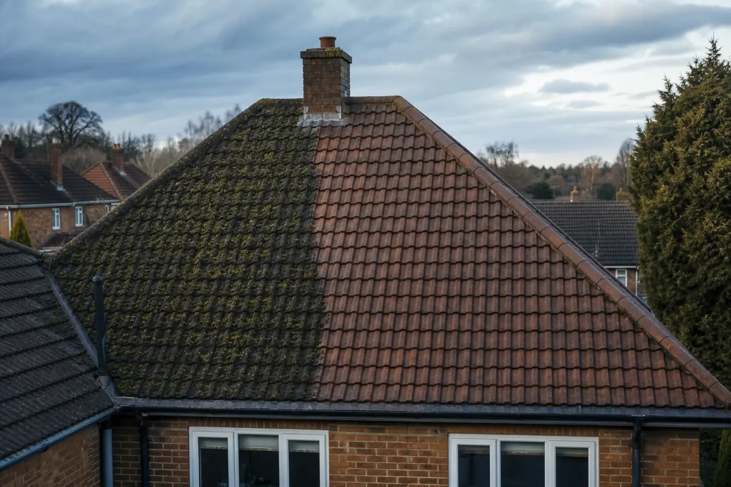 Mossy roof being cleaned and treated on a detached house in Chester, with moss cleared from the tiles
