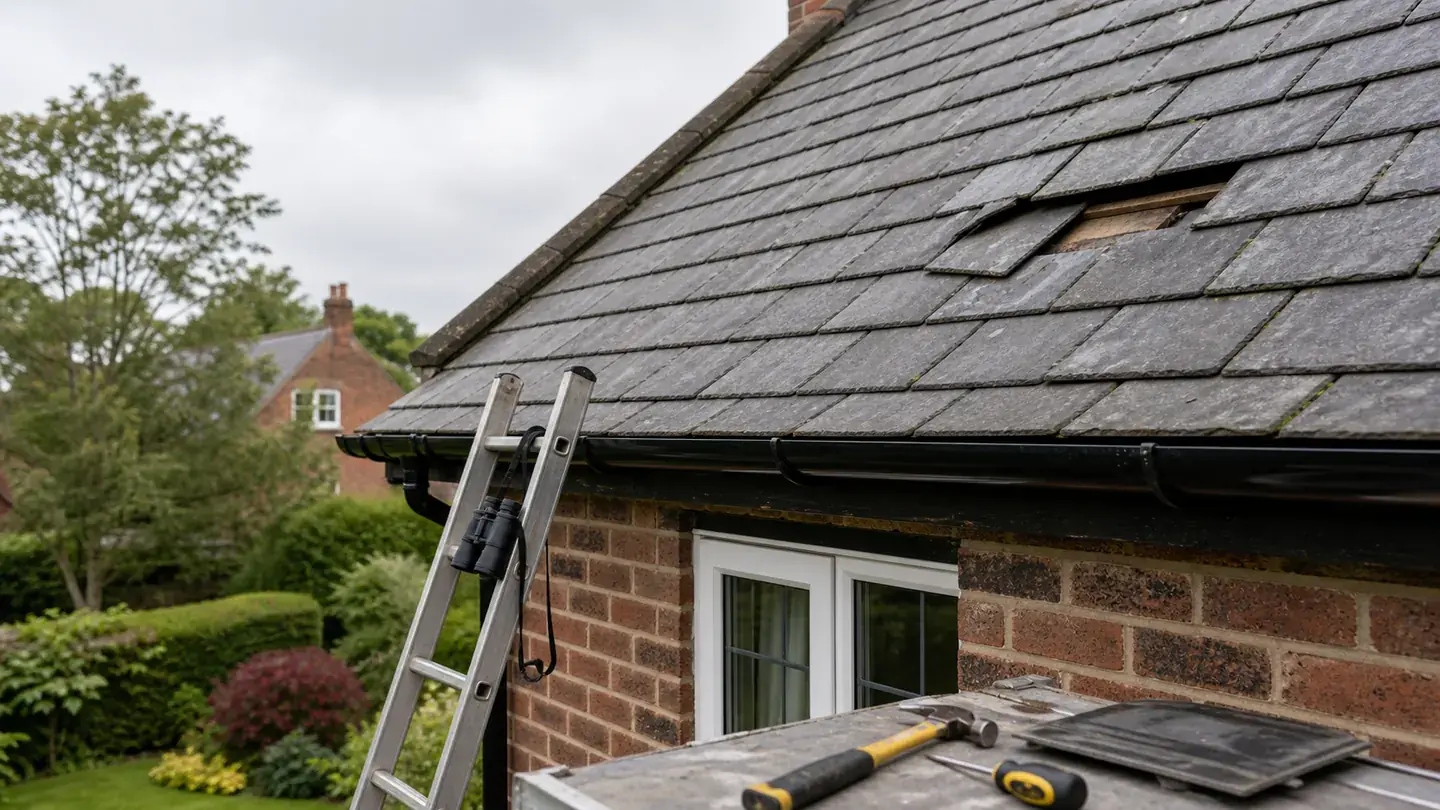 Slipped roof tiles and a weathered ridge on a Chester brick house being assessed for repair