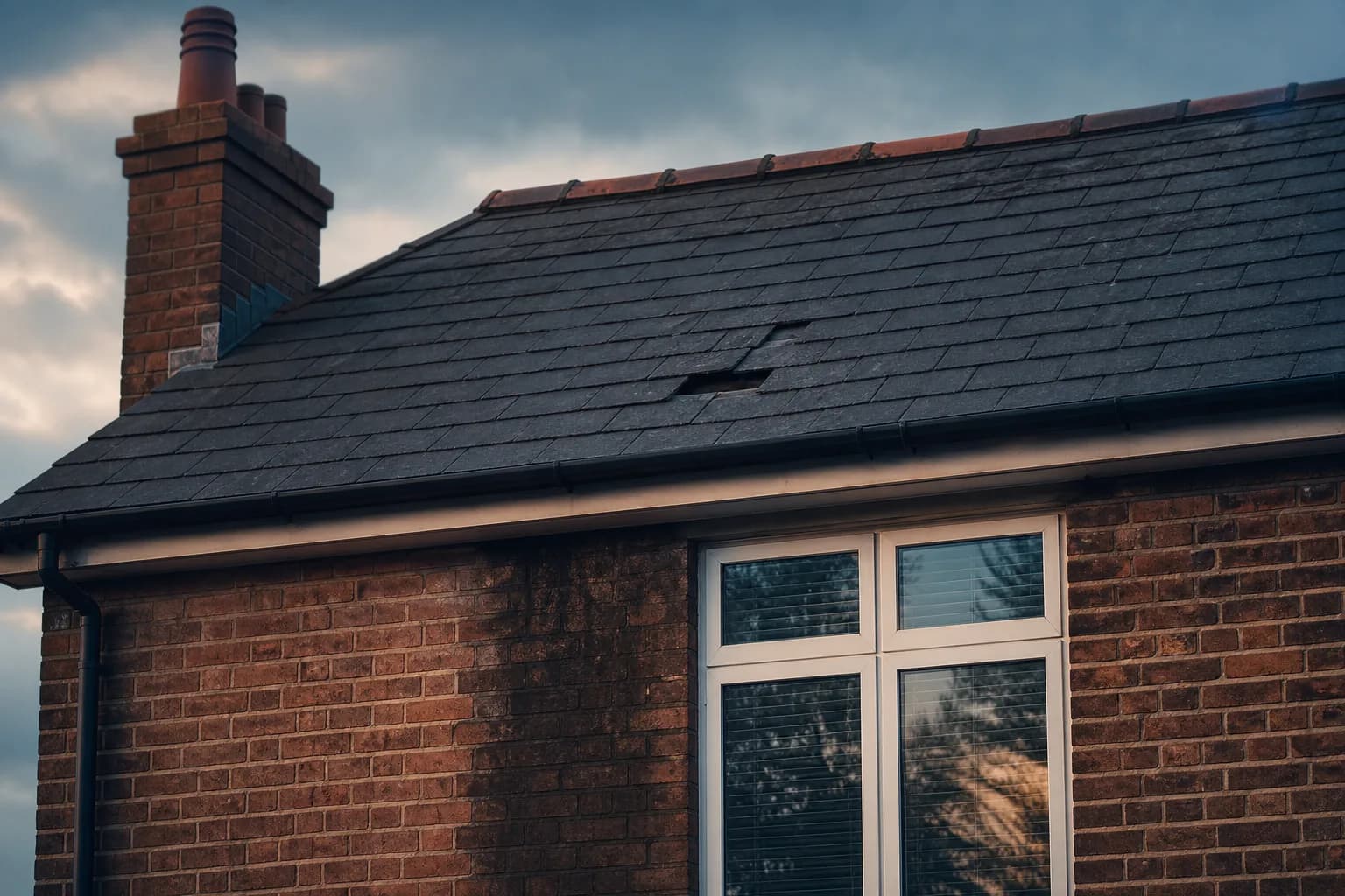 Pitched roof on a Chester semi-detached home showing a slipped tile and weathered ridge line against a grey Cheshire sky