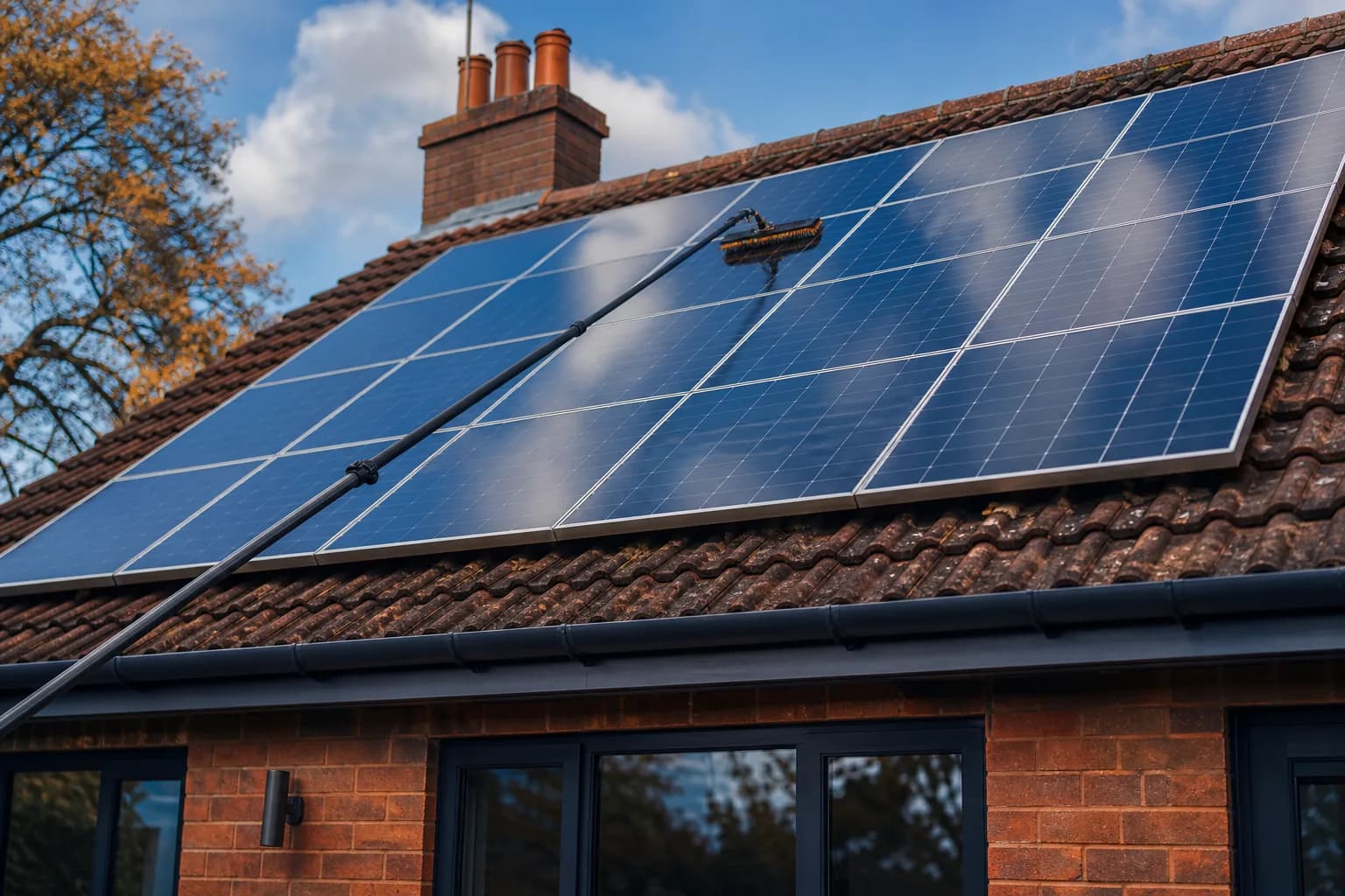Solar panels on a UK house roof being cleaned with a pure-water pole system