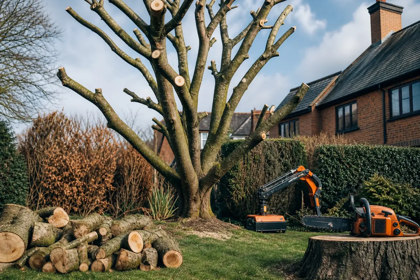 Overgrown garden tree being cut back and reduced in a Chester back garden, with cut sections stacked ready for clearing