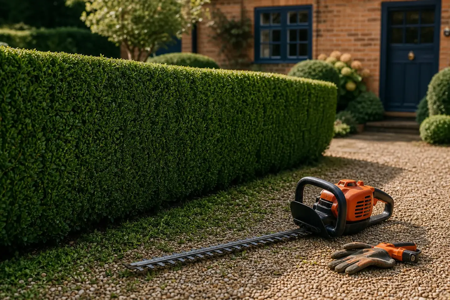 A neatly trimmed garden hedge being shaped with a long-reach hedge trimmer at a Chester home in late summer