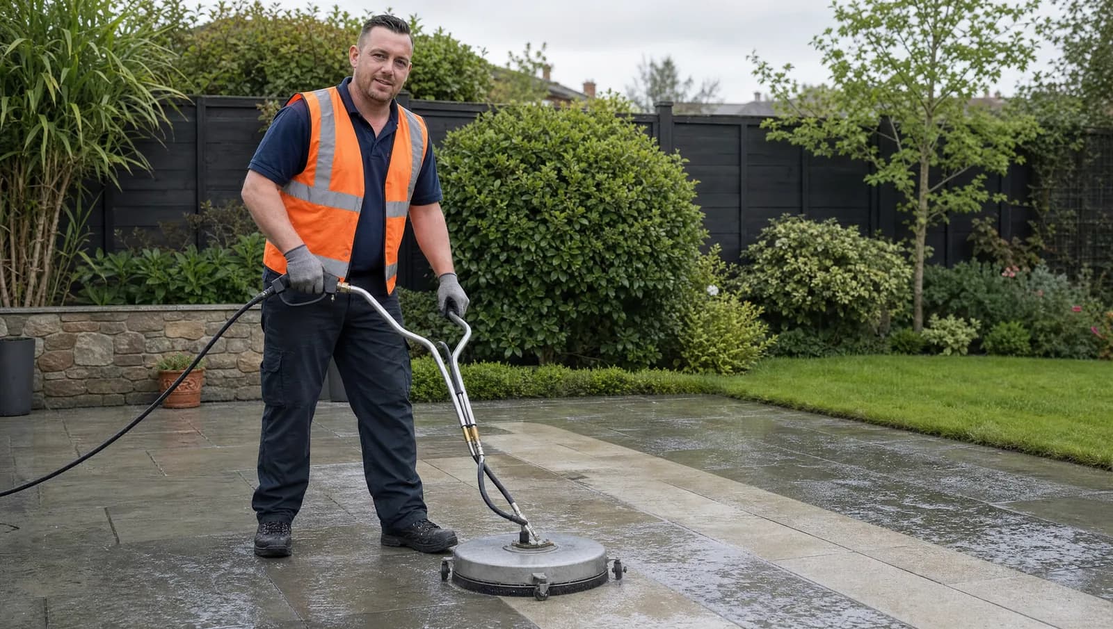 CPAGM tradesman cleaning a stone patio with a rotary surface cleaner in Chester