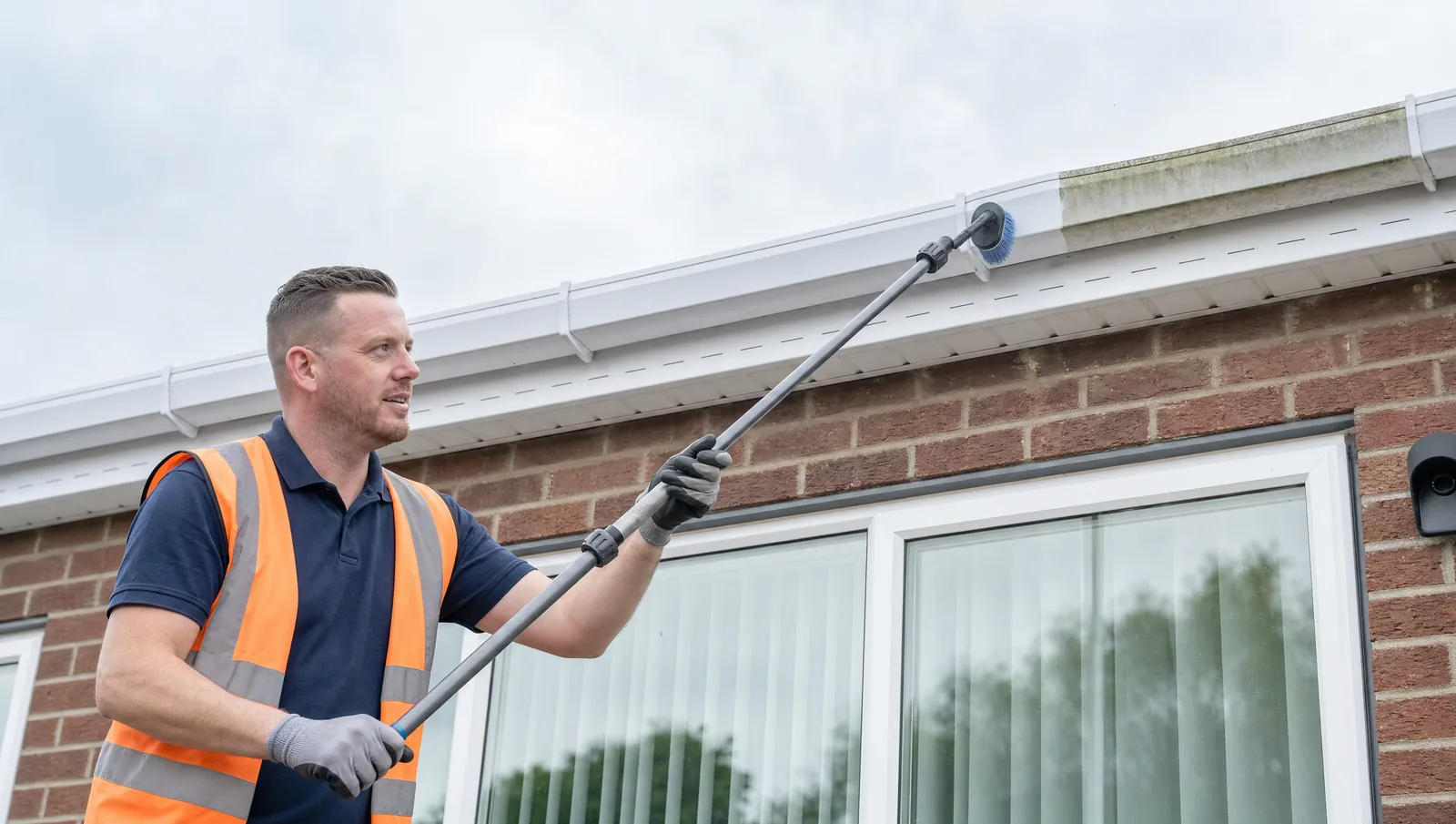 CPAGM tradesman cleaning white soffits and fascias with a soft brush pole in Chester