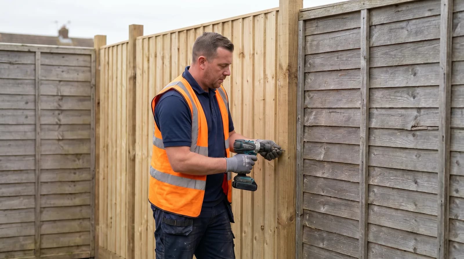 CPAGM tradesman fitting a new timber fence panel in a Chester back garden