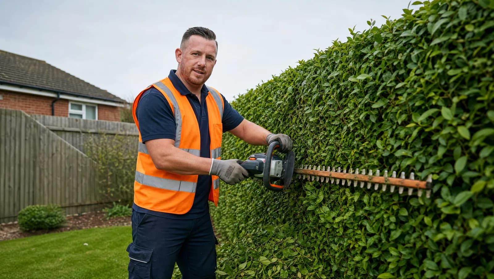 CPAGM tradesman trimming a garden hedge with a hedge trimmer in Chester