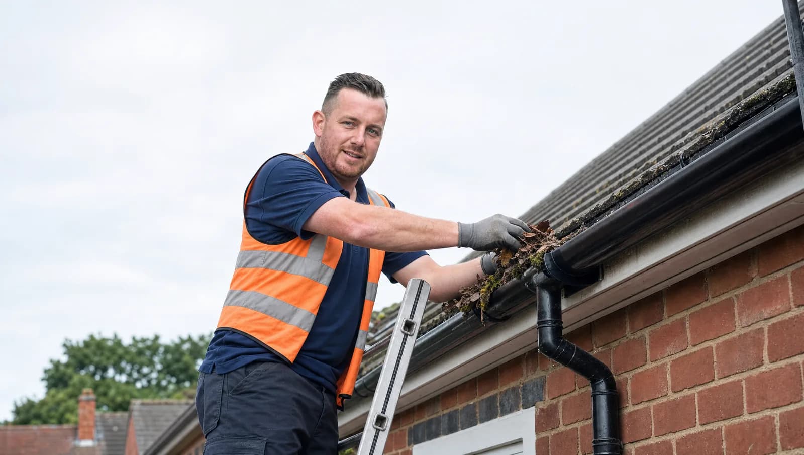 CPAGM tradesman clearing leaves and moss from the gutters of a Chester house