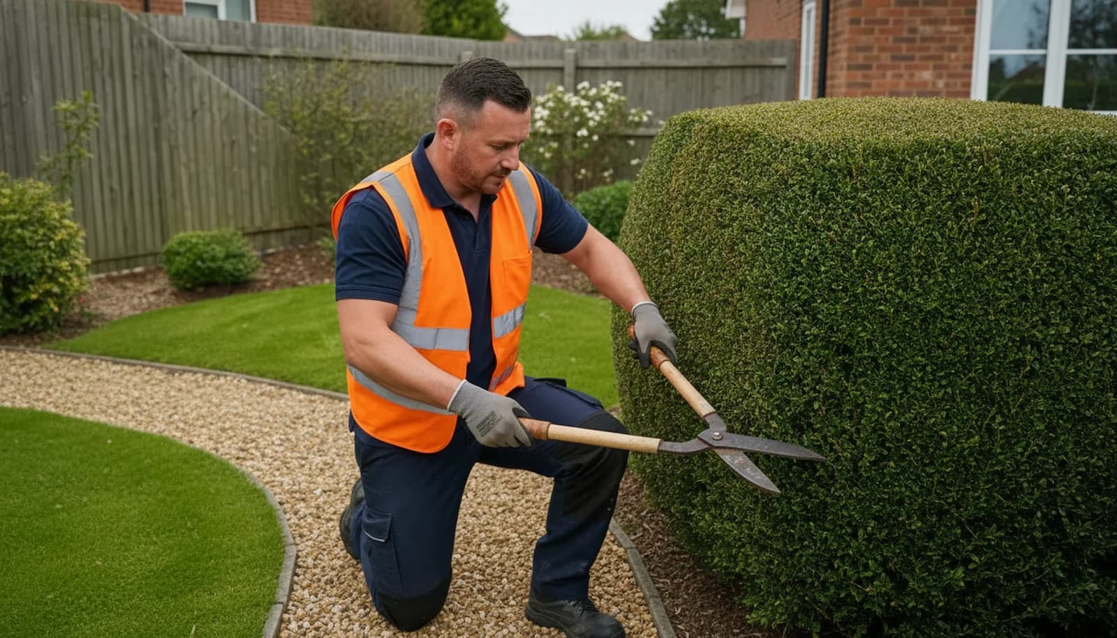 CPAGM tradesman shaping a clipped garden hedge with hand shears in Chester