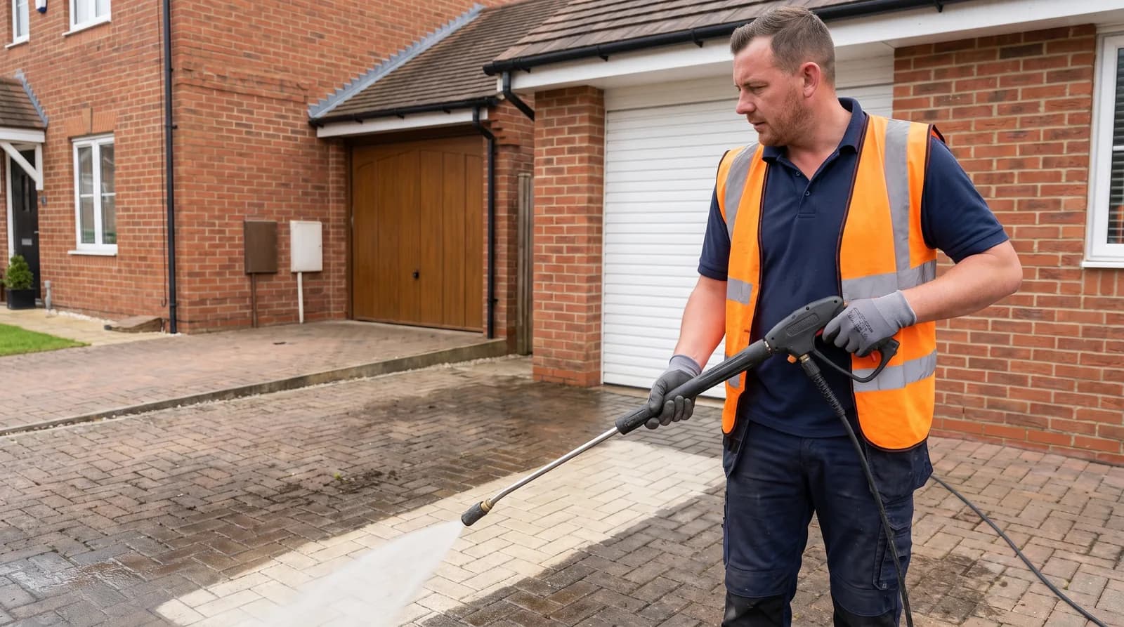 CPAGM tradesman pressure washing a block-paving driveway in Chester