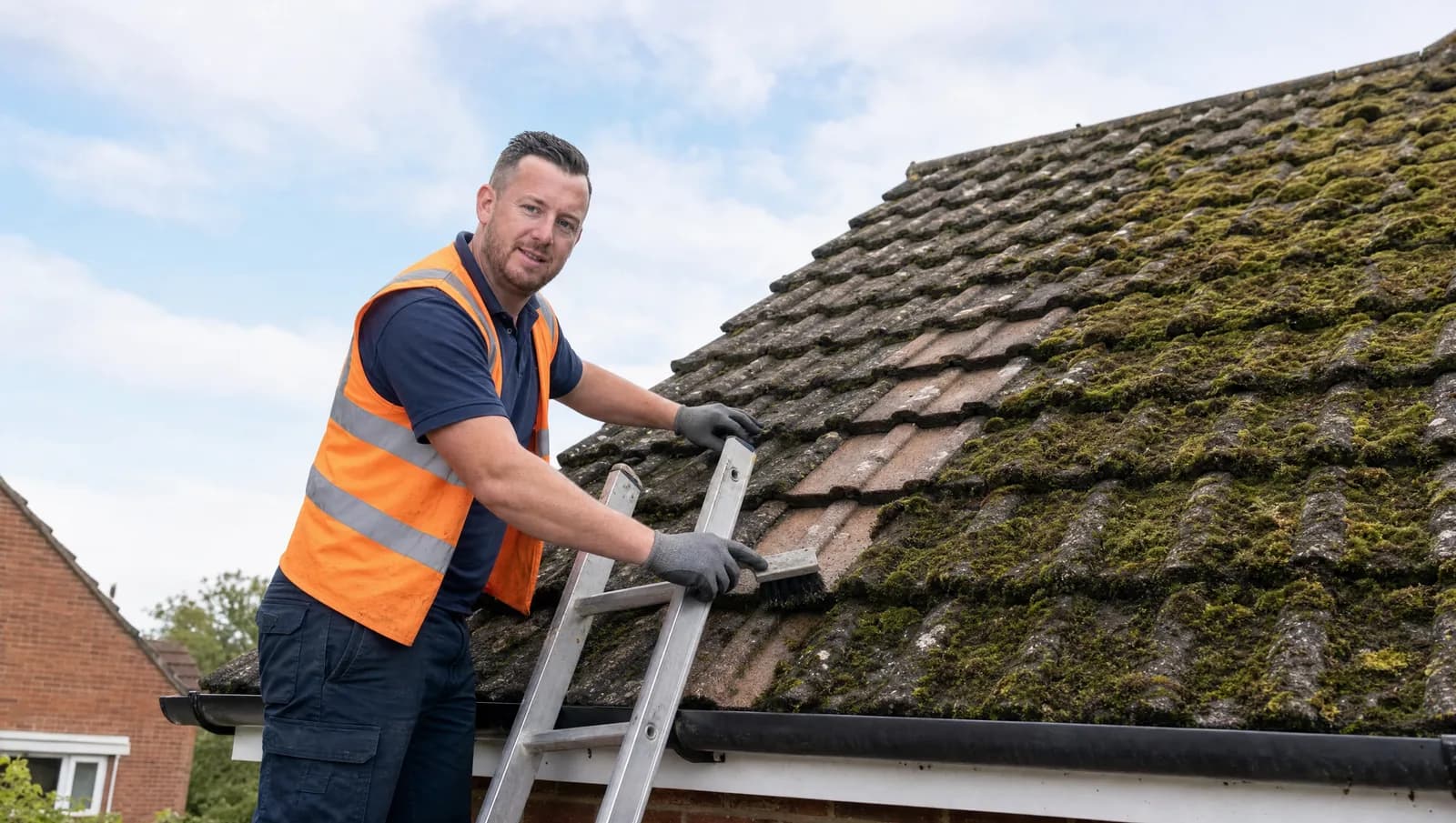 CPAGM tradesman removing moss from roof tiles on a Chester house