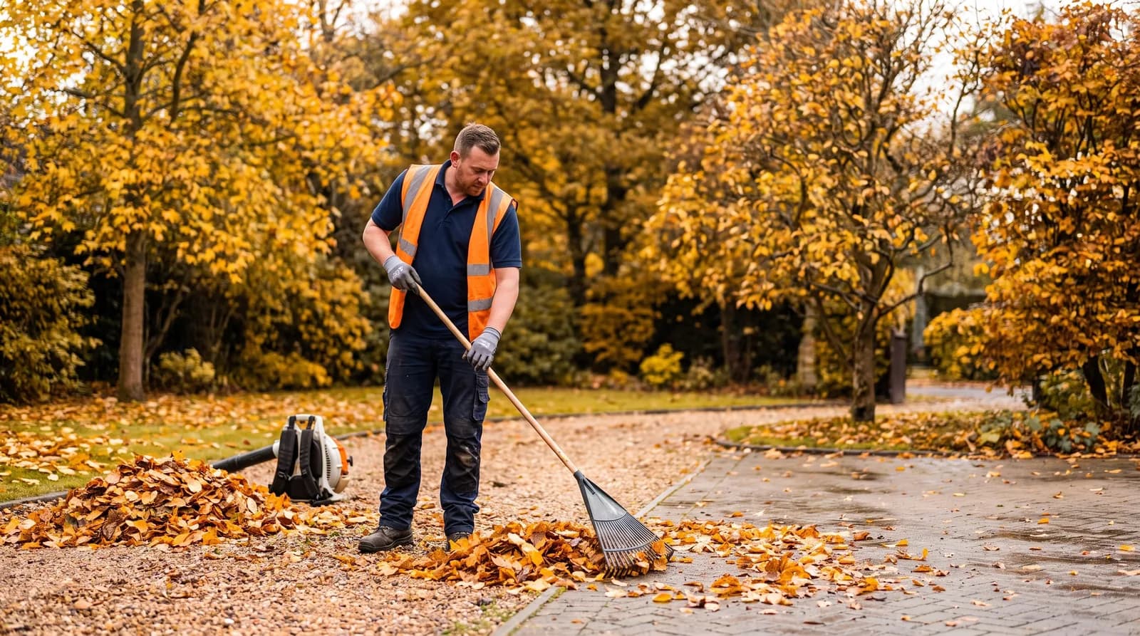 CPAGM tradesman clearing autumn leaves from a Chester garden and driveway