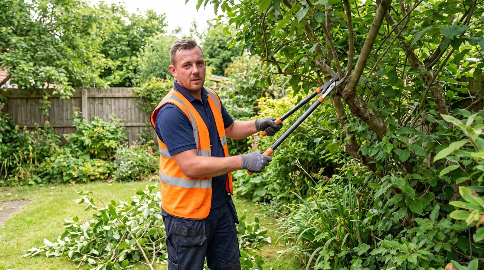 CPAGM tradesman pruning and cutting back an overgrown tree in a Chester garden