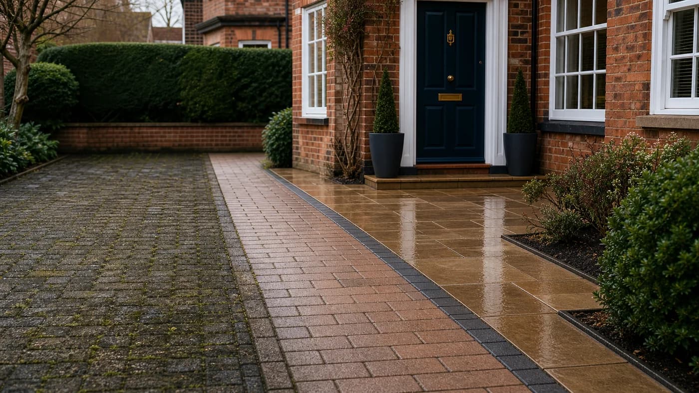Before and after driveway and patio cleaning at a Chester brick property