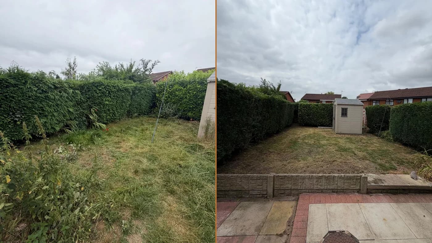 Before and after hedge trimming and a garden tidy-up at a home in Warrington