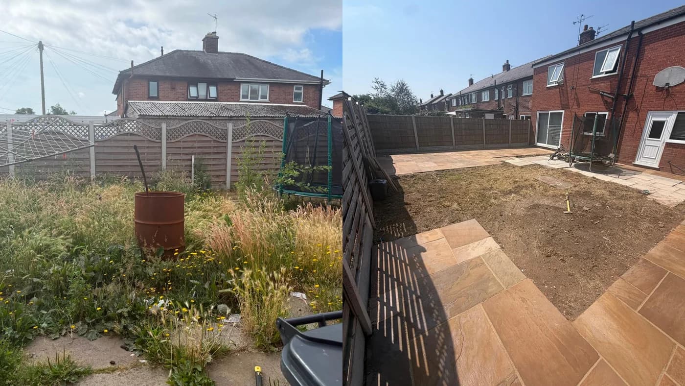 Before and after a full garden transformation in Warrington — an overgrown plot cleared and the Indian sandstone patio repointed and restored