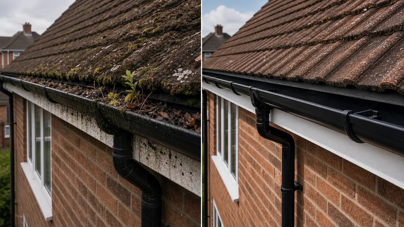 Before and after gutter cleaning on a Chester brick home roofline