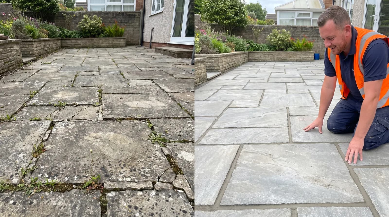 Before and after patio repointing & restoration in Chester by Chester Property & Garden Maintenance