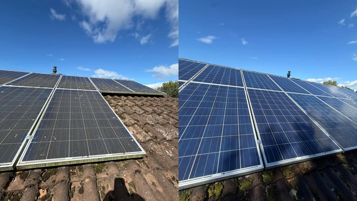 Before and after views of bird mess and grime removed from a roof-mounted solar panel array