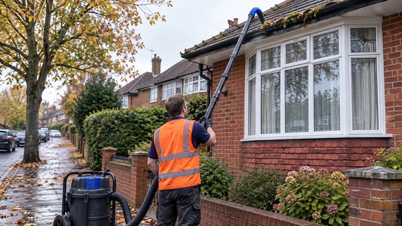 Gutter clearing in progress on a 1930s red-brick semi-detached house with a bay window on a tree-lined Wirral suburban street